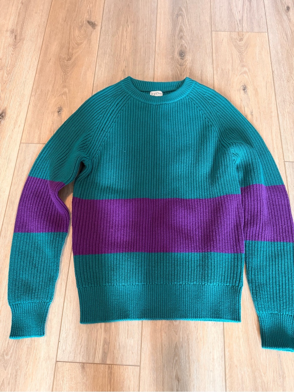 J. Crew Teal and Purple Striped Crewneck Sweater